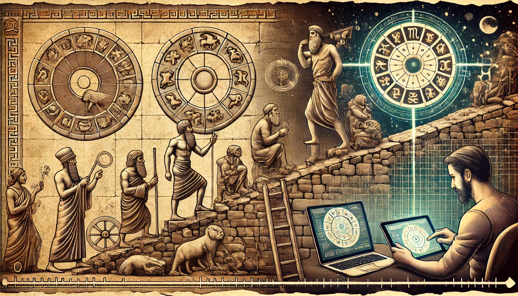 Ілюстрація відображає еволюцію знаків зодіаку від стародавніх часів до сучасності. Вона демонструє перехід від древніх астрономів до сучасних технологій, що показує зв'язок між минулим та сьогоденням у контексті астрології.